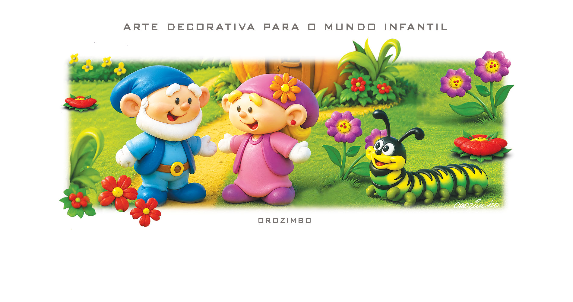 Arte decorativa para o mundo infantil, com dois gnomos e uma lagarta em um jardim, por Orozimbo
