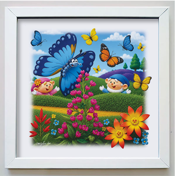 Quadro infantil da coleção Os Gnomos e a Natureza com gnomos e borboletas