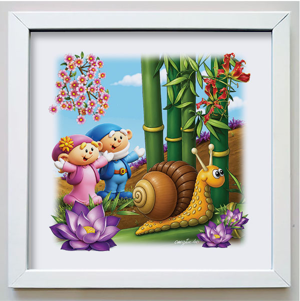 Quadro da coleção Os Gnomos e a Natureza com gnomos e um caracol