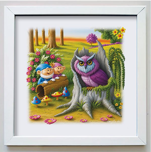 Quadro da coleção Os Gnomos e a Natureza com gnomos e uma coruja