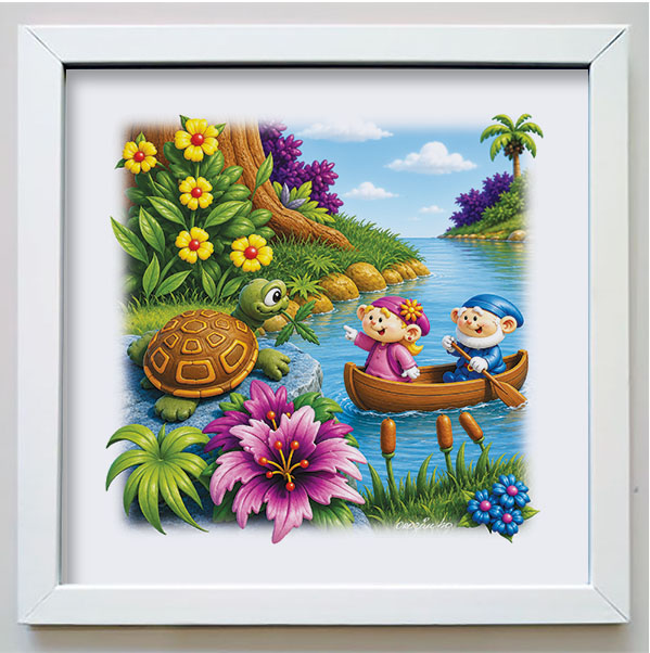 Quadro da coleção Os Gnomos e a Natureza com gnomos em um barco e um jaboti