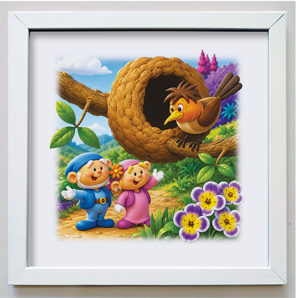 Quadro da coleção Os Gnomos e a Natureza com gnomos e um joão-de-barro