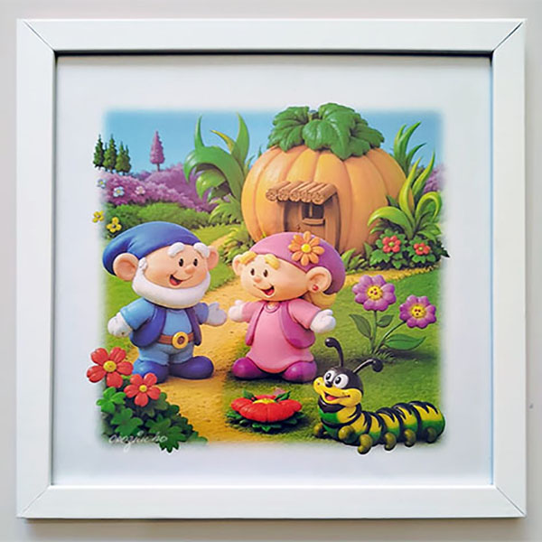 Quadro infantil da coleção Os Gnomos e a Natureza com os gnomos e uma lagarta