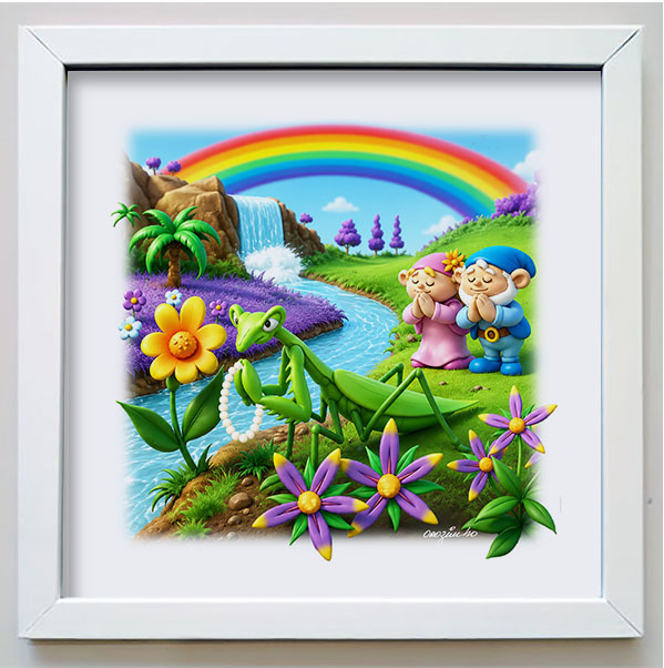 Quadro da coleção Os Gnomos e a Natureza com gnomos e um louva-a-deus