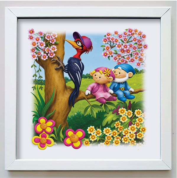 Quadro da coleção Os Gnomos e a Natureza com gnomos e um pica-pau