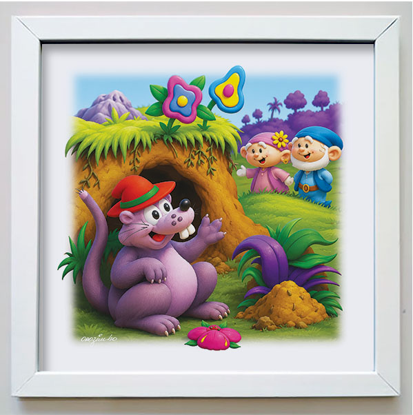Quadro da coleção Os Gnomos e a Natureza com gnomos e um rato