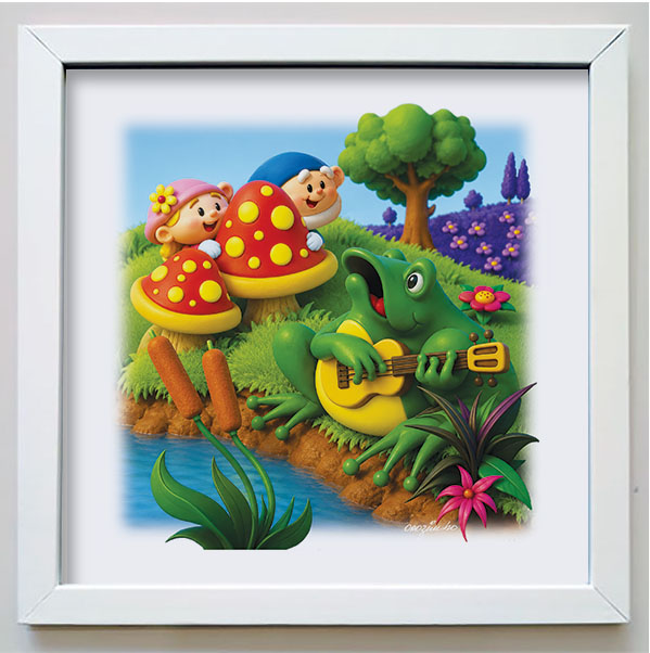Quadro da coleção Os Gnomos e a Natureza com gnomos e um sapo músico